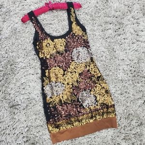 Hale Bob Metallic Gold Copper Sequin Floral Cocktail Sleeveless Dress Size S